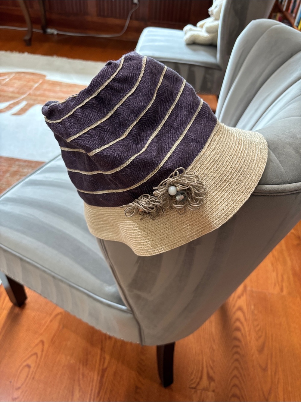 Brunello Cucinelli Navy and Beige Striped Bucket Hat with Decorative Knot